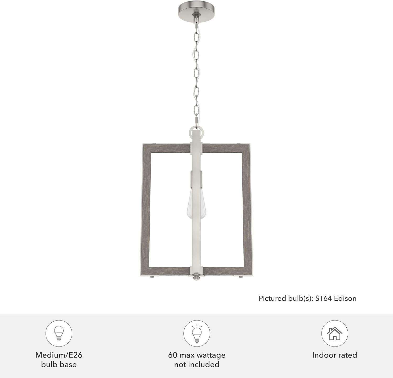 Hunter - Woodburn 1-light Brushed Nickel, Medium Size Pendant Light, Dimmable, Modern Style, Rectangle Shaped, for Bedrooms, Kitchens, Dining, Living Rooms - 19813