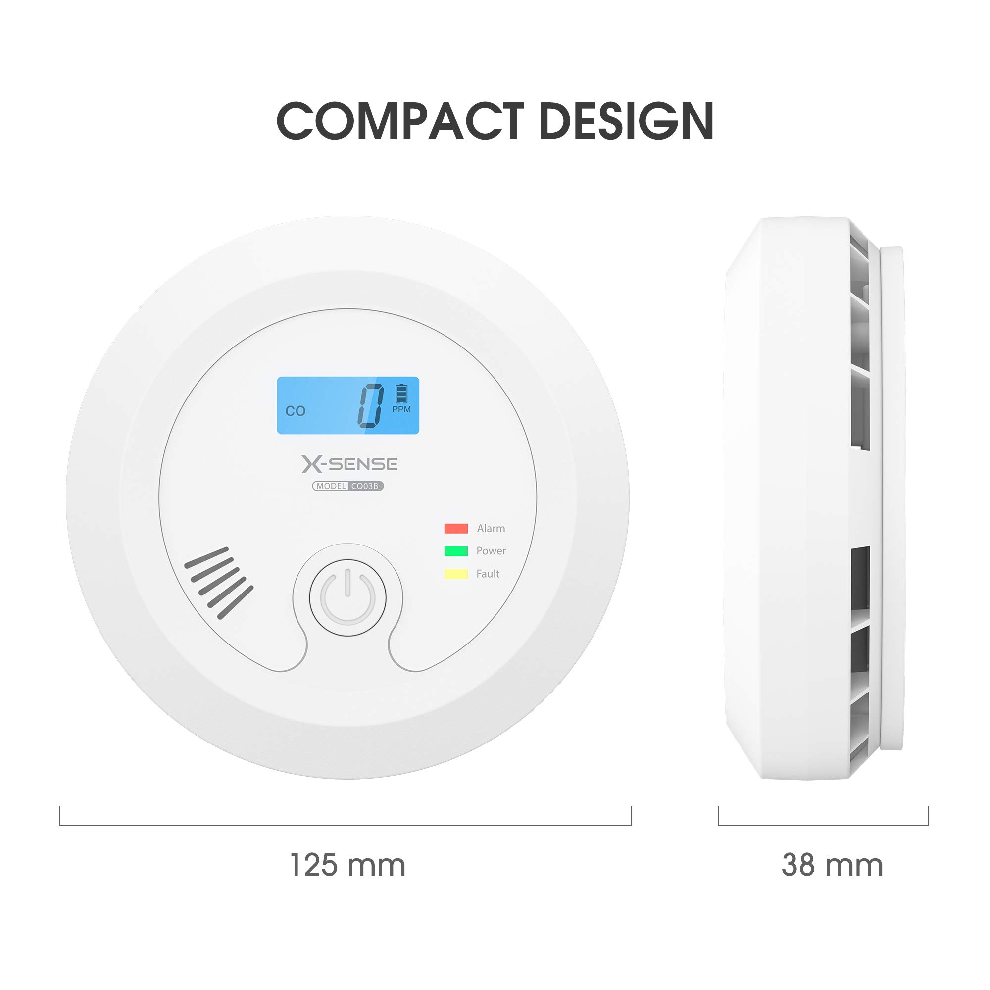 X-Sense Détecteur de Monoxyde de Carbone avec Batterie Échangeable et l'Écran LCD, Concentration de Monoxyde de Carbone avec Bouton de Test et Voyant d'état LED, CO03B