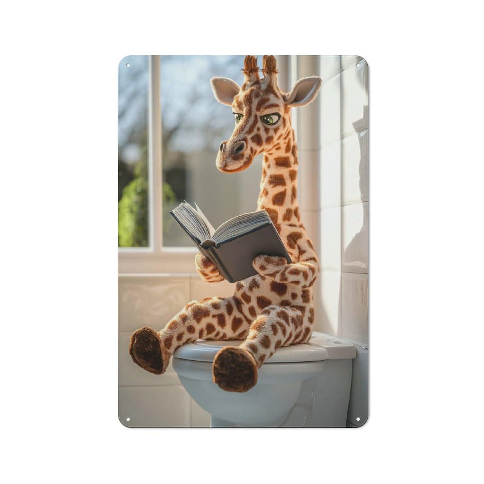 Junmoney Style-16 Giraffe Reading On The Toilet Rustic Metal Plaque 30X20cm For Café Or Restaurant, Wall Decor For People Reorganising Café And Restaurant