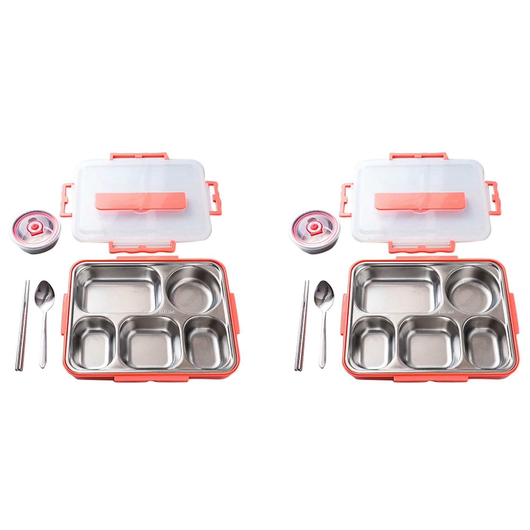 Vjsujehgy 2X 5 Compartments Lunch Box Stainless Steel Leak-Proof Large Bento Boxes Soup Container School Dinnerware(Pink)