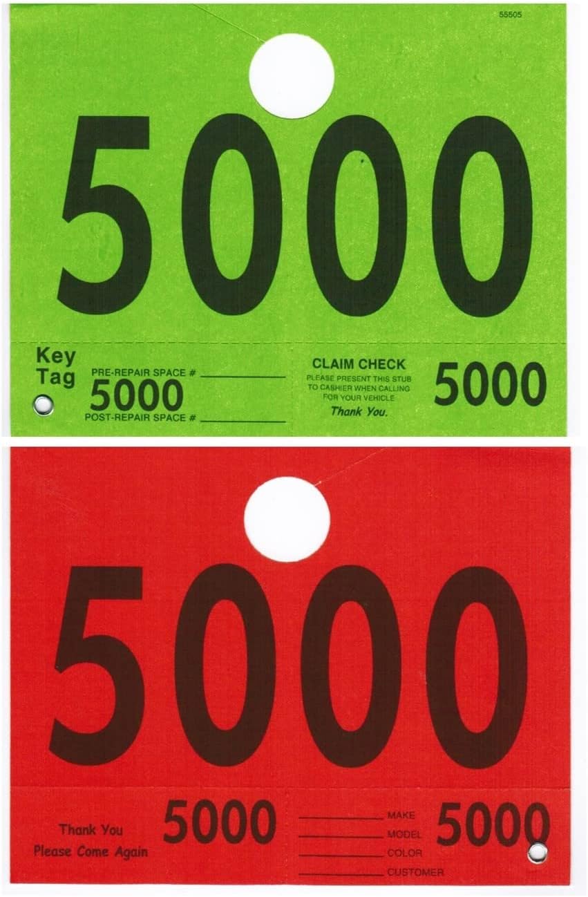Numbered Auto ID Tag w Hang Slit and Claim Check, 5-1/4" x 6-1/2", Red/Green Duplex Stock, Black Print (5000-5999) - Box of 1,000