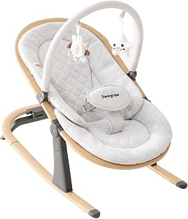 Swegrow 2-in-1 Portable Baby Bouncer Seat: Newborn Rocker with 3 Heights, Rocker/Stationary Modes & Hanging Toys, White