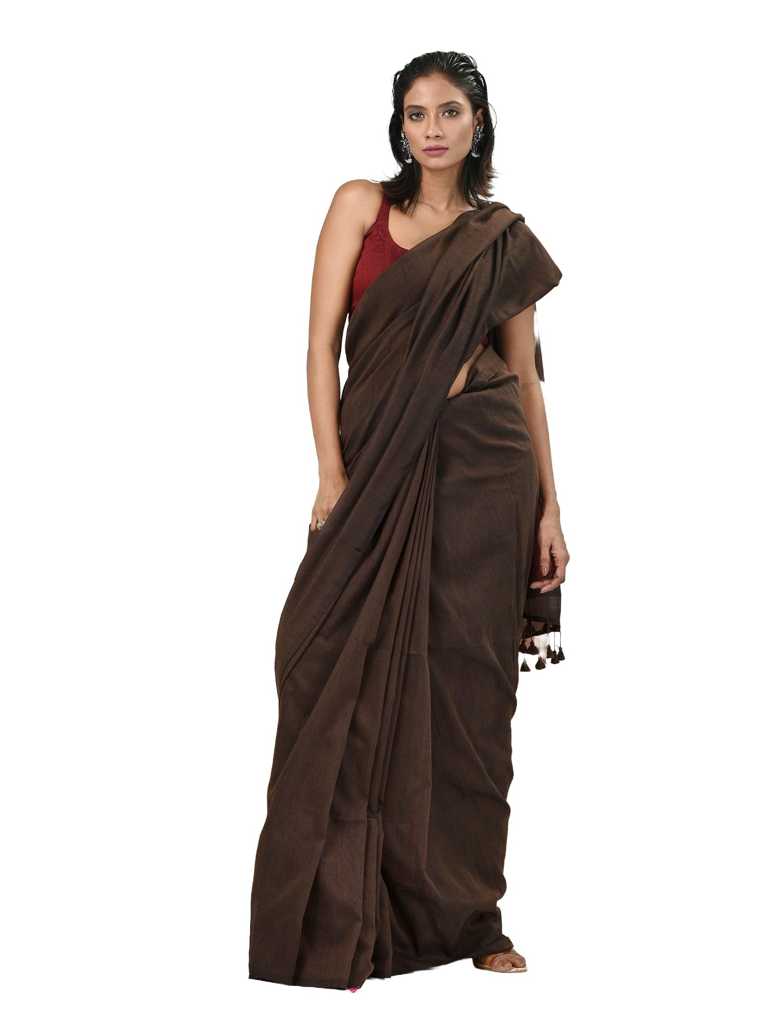 Chocolate Brown Cotton Soft Saree With Solid Pattern-image-49