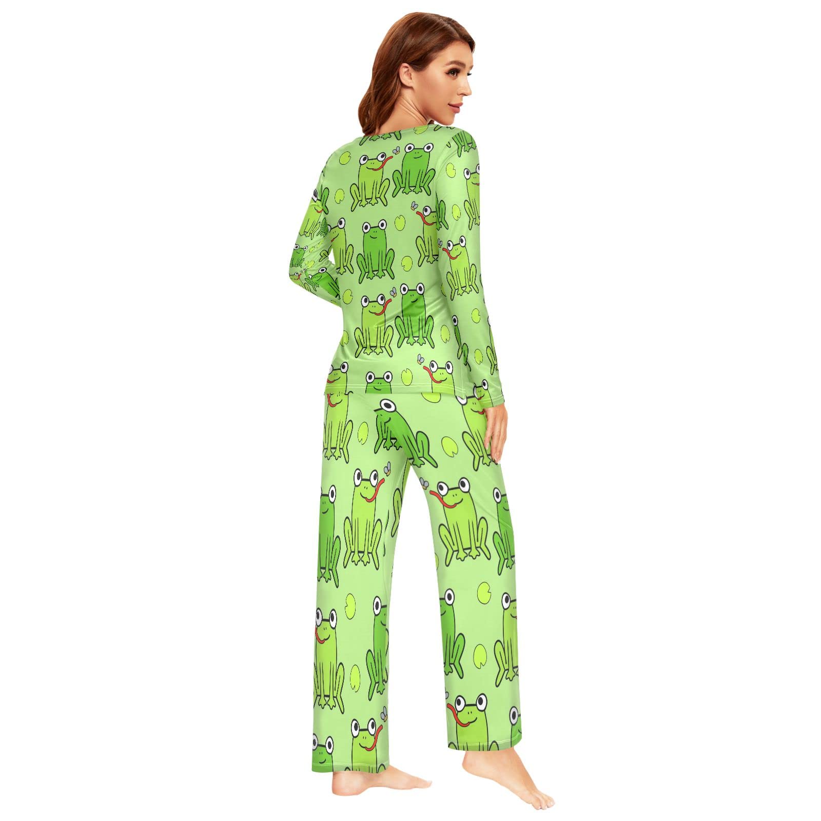 Schlafanzug Damen Lang Grüner Frosch-Muster Pyjama Damen Langarm Pyjamaset Nachtwäsche Zweiteiliger Hausanzug Sleepwear