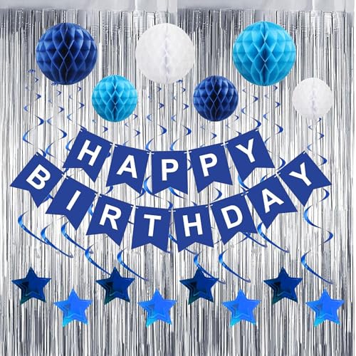 Décoration anniversaire papier bleu homme pour une fête sur la terrasse