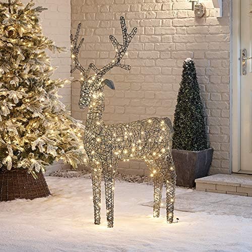 The Winter Workshop - 80cm Rattan Reindeer - Battery or Mains Operated - Outdoor PVC Christmas Figure - 8 Multi-Functional - Timer - 80 Cool White Energy Efficient LED Lights - White