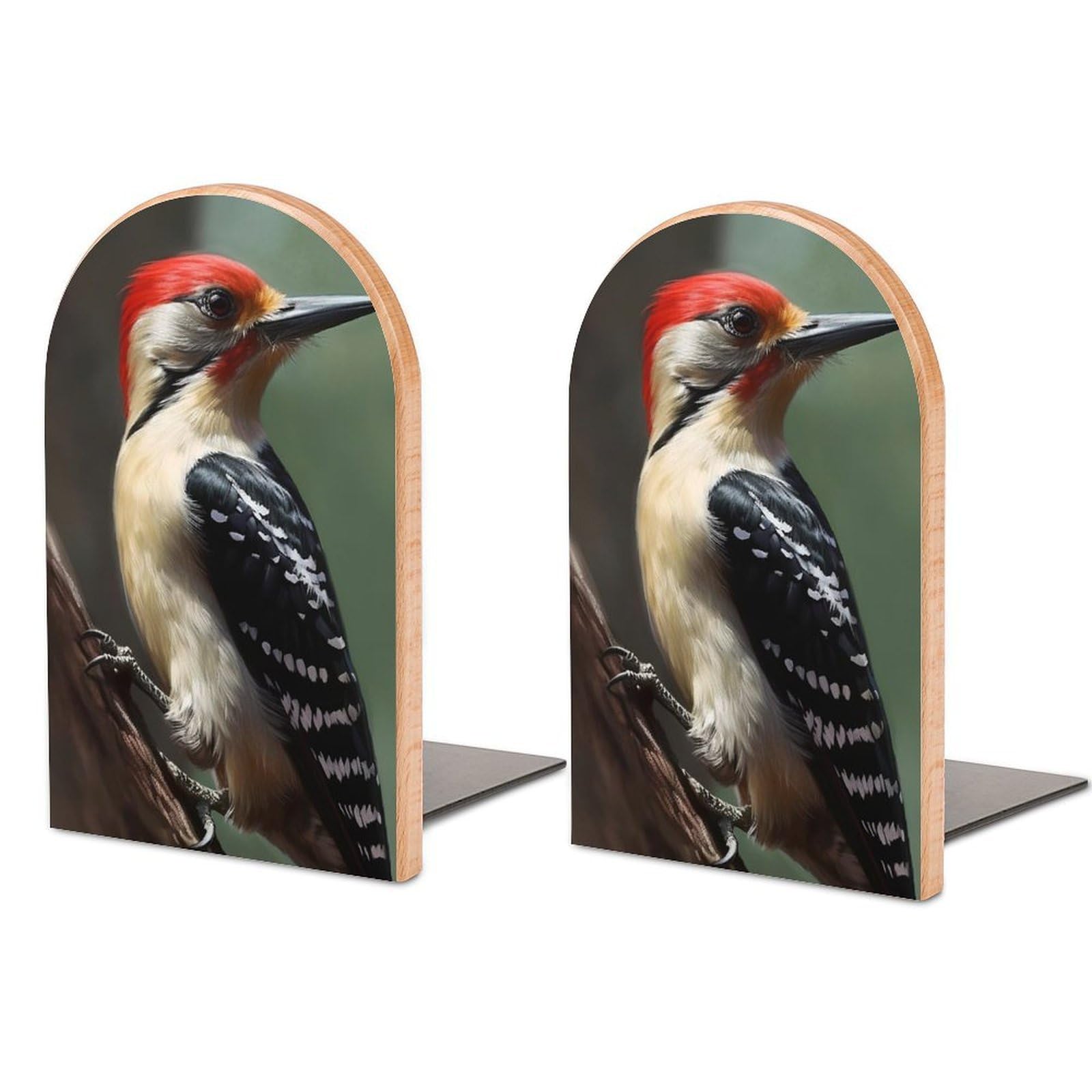 Beech Wood Book Ends Woodpecker Printed Bookend for Shelves Home Decorative Bookends for Heavy Books for Office Bookshelves