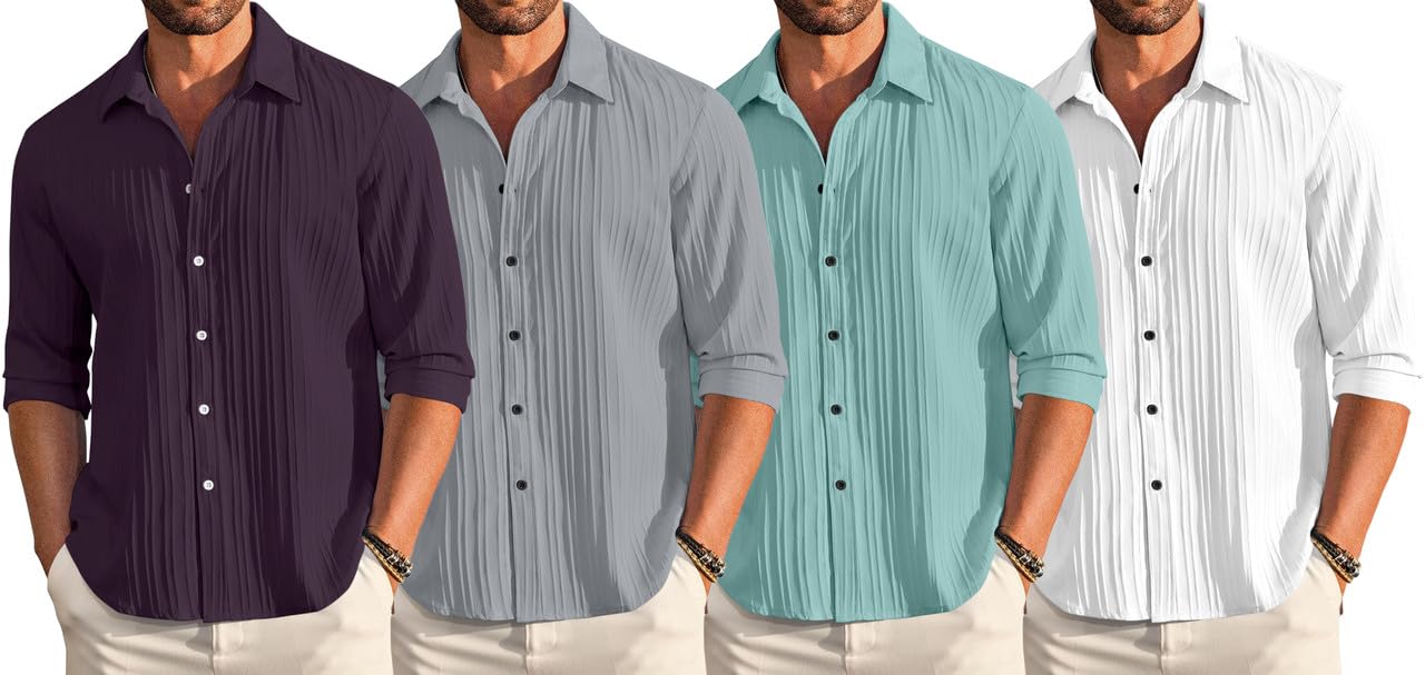 finivo fashion Combo of Men's Casual Cotton Plain Button Down Shirt Long Sleeve Textured Summer Beach Shirt for Men Pack of 4-picture-30