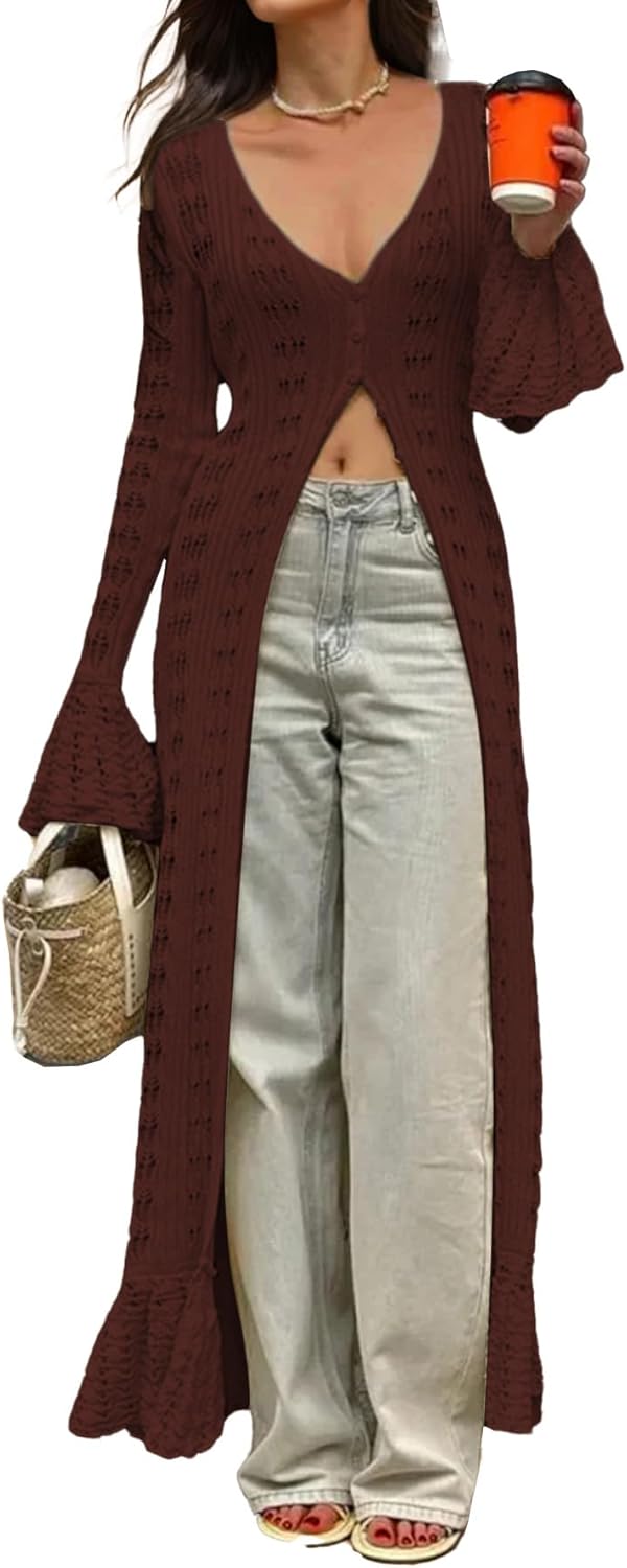 NRTHYE Women Long Crochet Cardigans Button up Knit Hollow Out Elegant Duster Sweaters Cover Up Maxi Dress