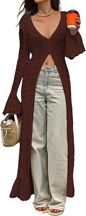 NRTHYE Women Long Crochet Cardigans Button up Knit Hollow Out Elegant Duster Sweaters Cover Up Maxi Dress