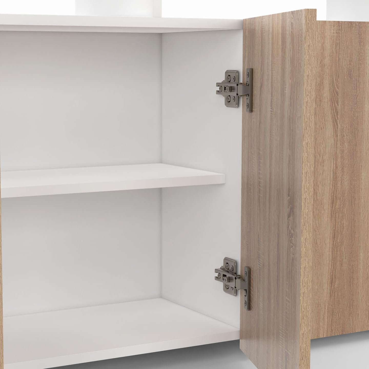 IDMarket ELIGHT - Aparador de 110 cm, 3 puertas con LED y nichos blanco y madera de haya