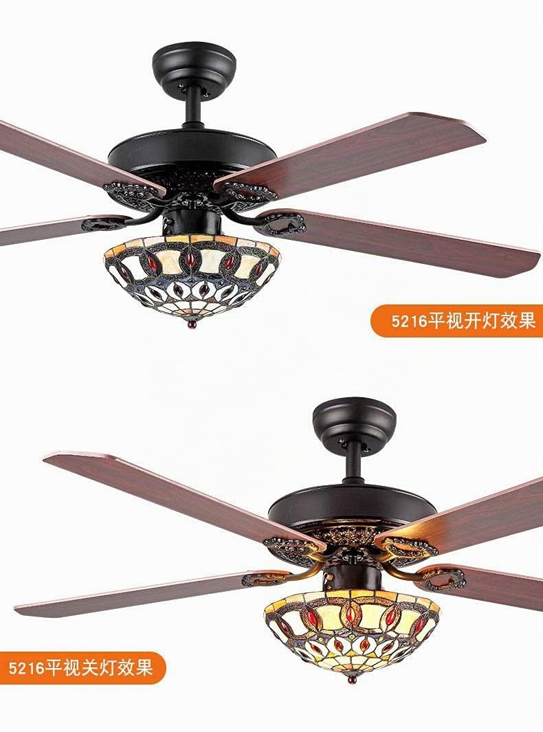 Ventilador Tiffany de 52 pulgadas con 3 luces y mando a distancia, tradicionales de madera de bajo perfil, LED de mediados de siglo para techo