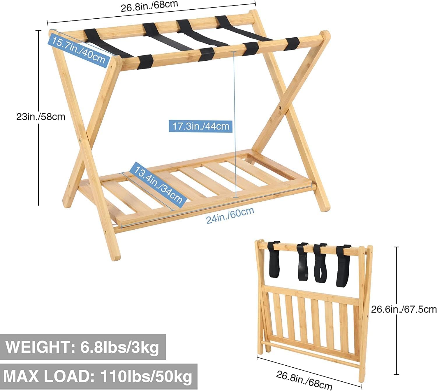 REDCAMP Holz Kofferständer Luggage mit Regal für zu Hause,Klappbarer Gepäckträger für Gästezimmer, Hotelzimmer 68 x 40 x 58 cm