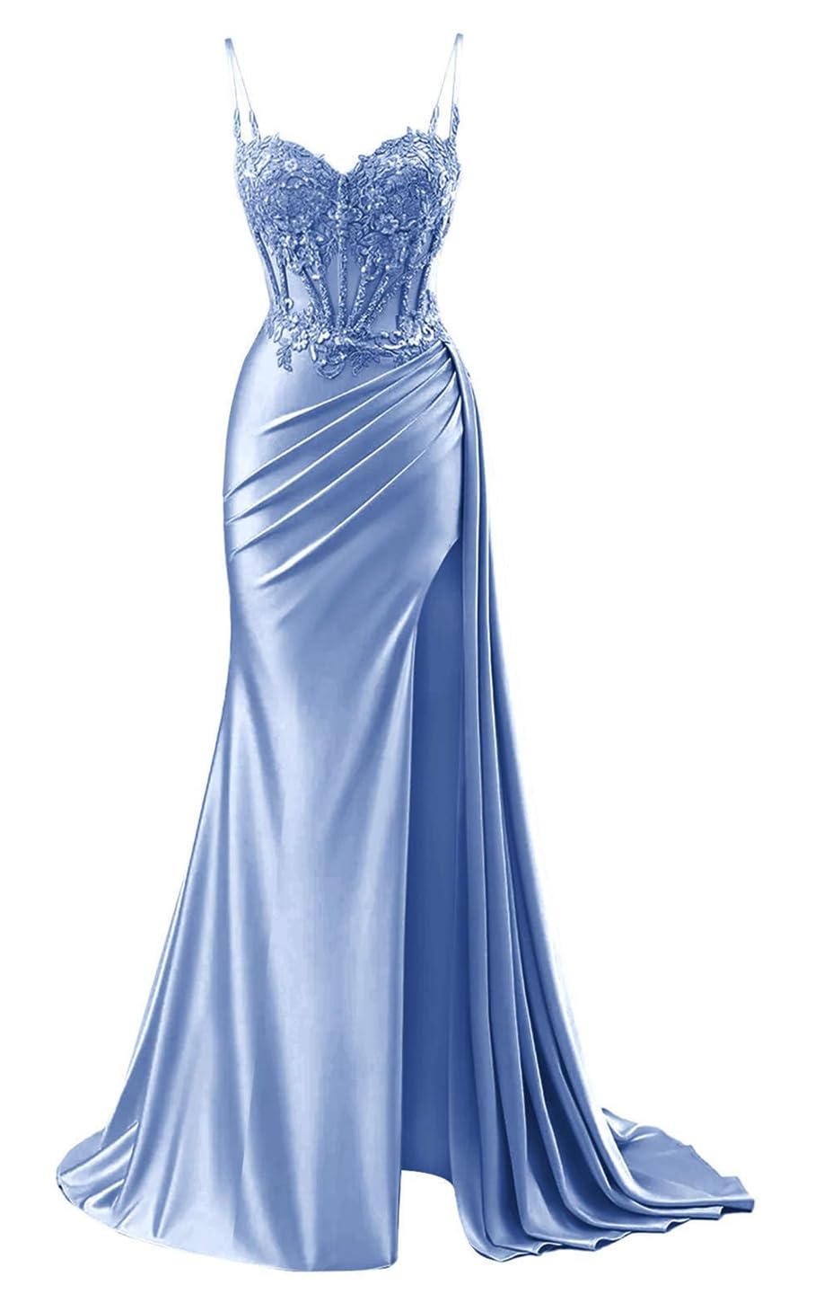 Yiann Women's Dusty Blue Mermaid Prom Dresses For 2025 Satin Spaghetti Strap Evening Gowns With Slit Uk6
