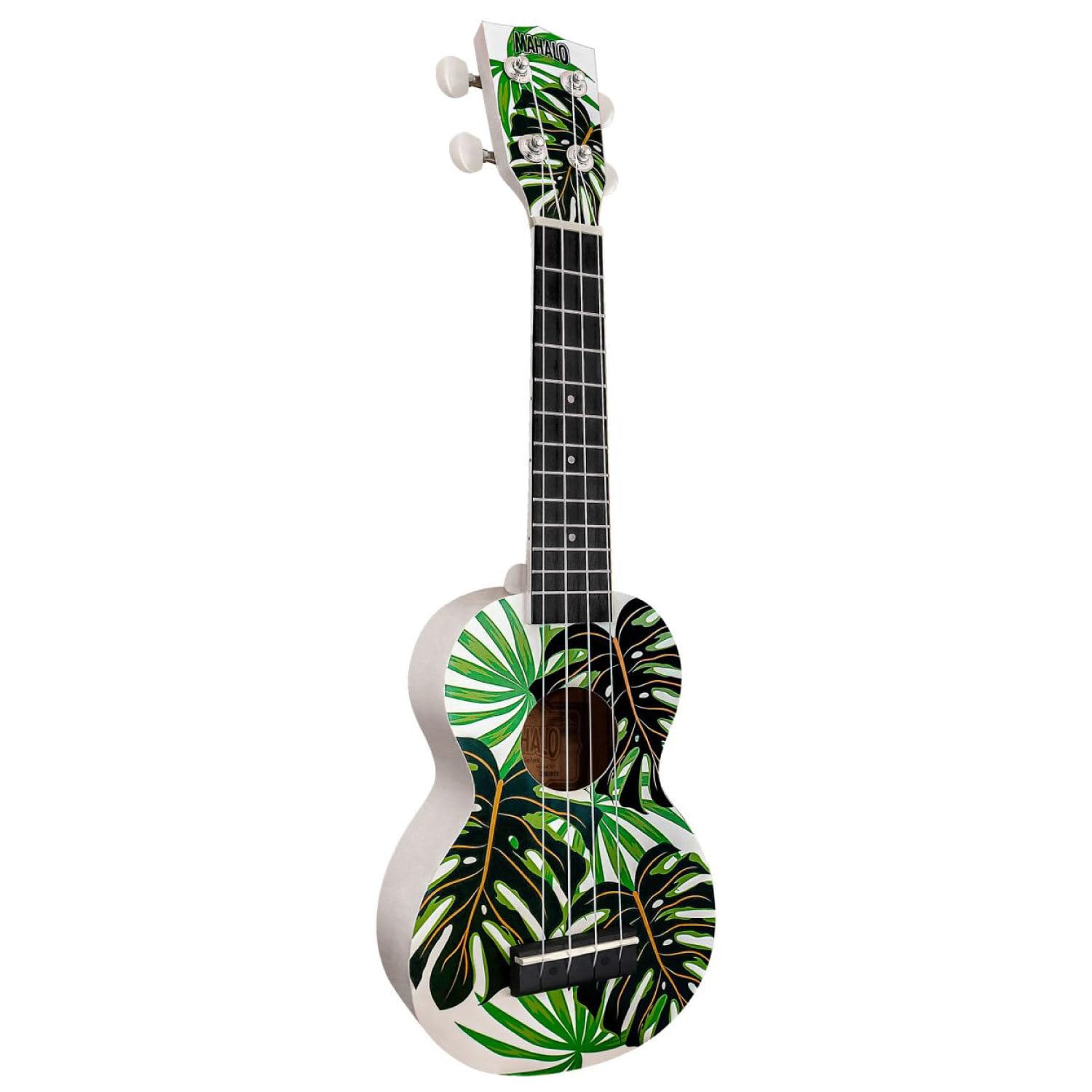 MAHALO - Ukulele soprano Monstera con custodia e supporto a parete.