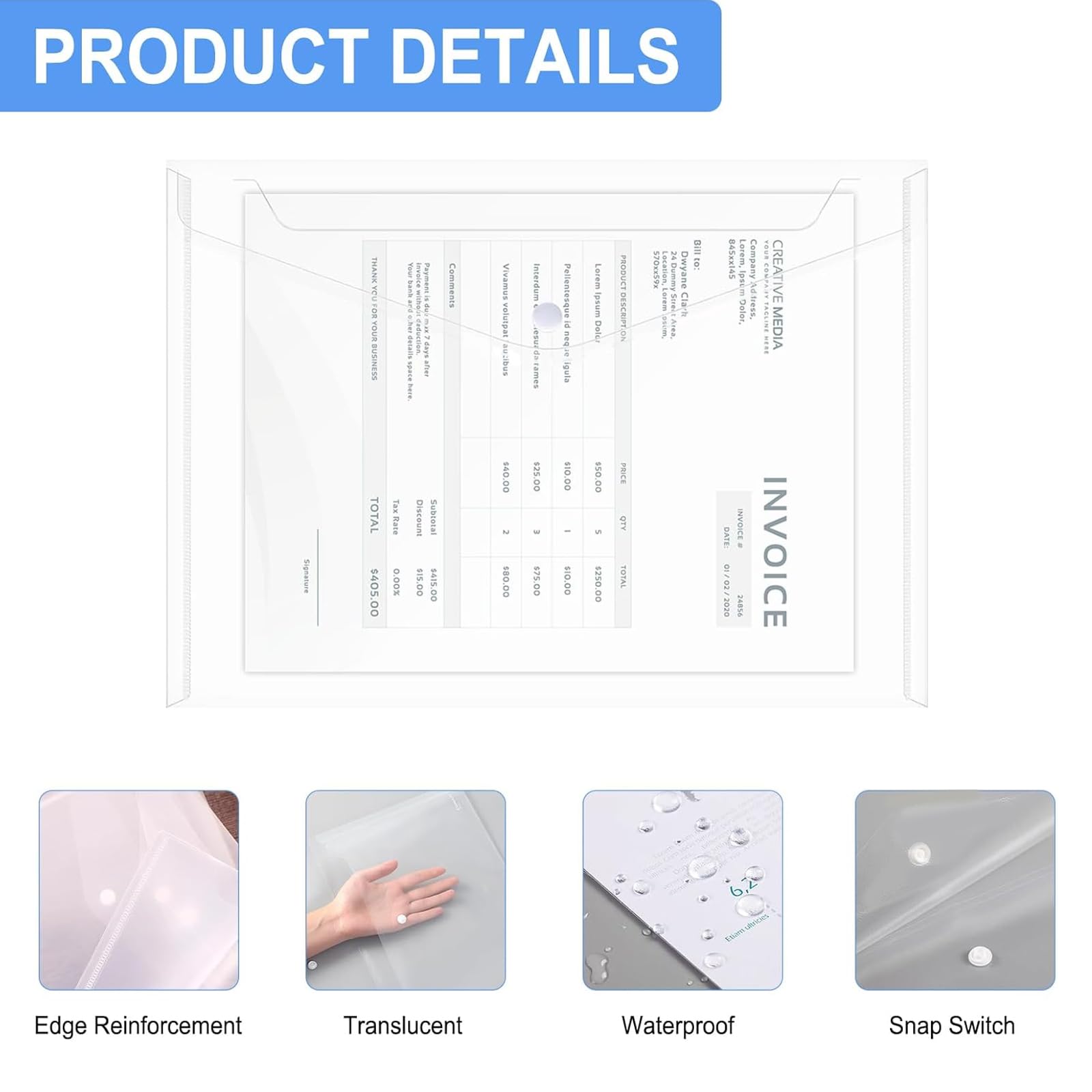 Confezione da 100 buste in plastica trasparente con chiusura a bottone a pressione, impermeabili, con chiusura, per casa, lavoro, ufficio, organizzazione