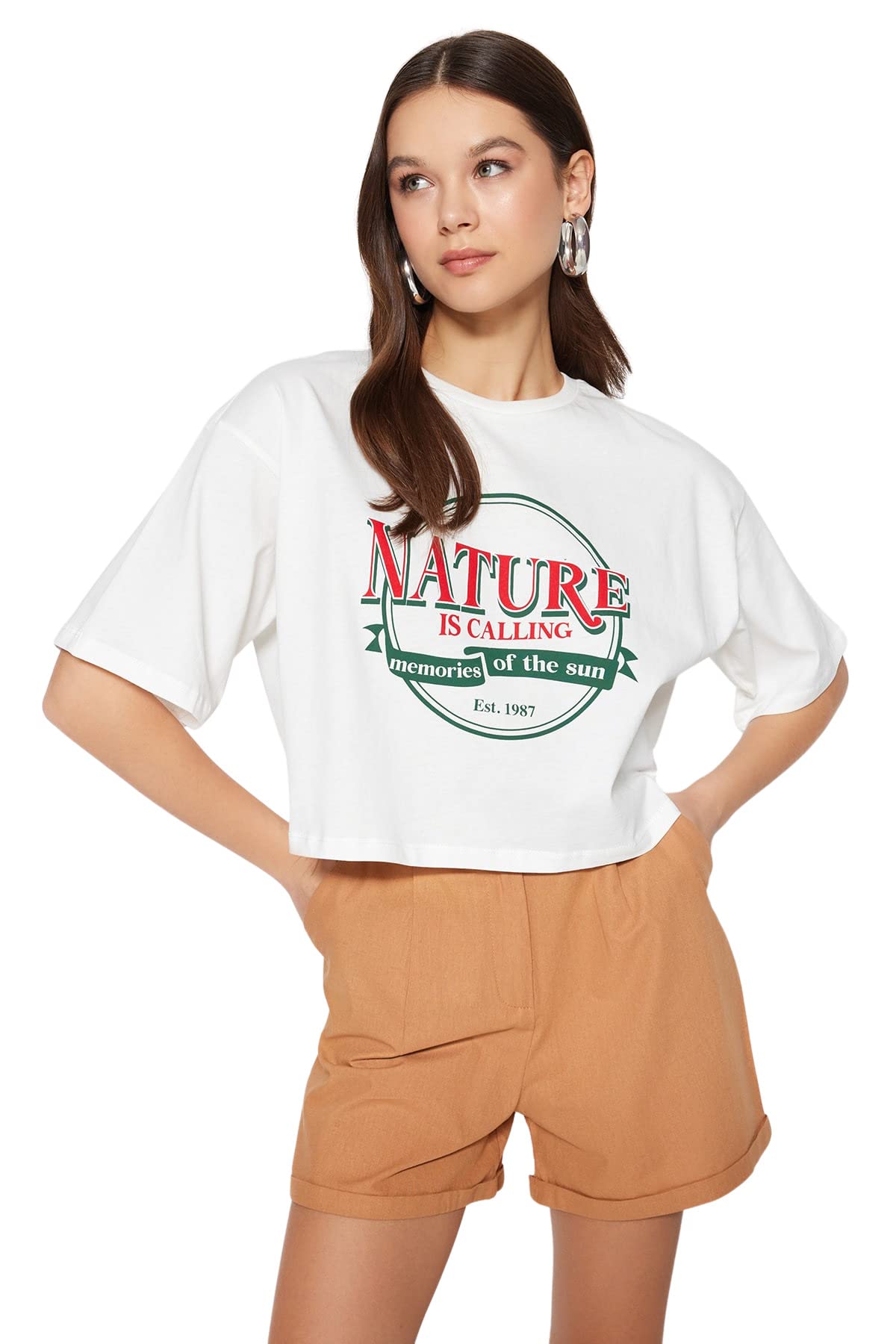 Trendyol Damen Weiß Woman Relaxed Fit Basic Crew Neck Knit T-Shirt Hemd,
