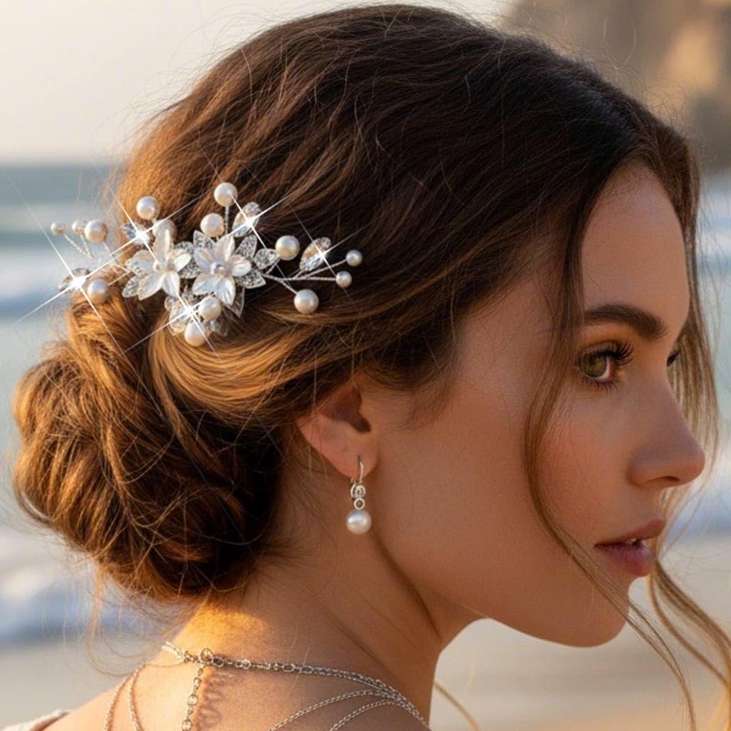 Unsutuo Bridal Flower Hair Comb Crystal Pearl Headpieces Silver Rhinestone Hair Accessories for Women and Girls - Image 5