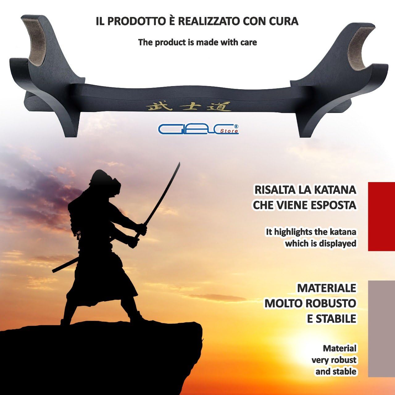 Espositore Supporto Piedistallo 1 Posto Velluto Grigio Scuro Scamosciato da Tavolo per Katana tipo Ultimo Samurai Miyamoto Musashi in Legno Scritte Giapponese e Ricambio