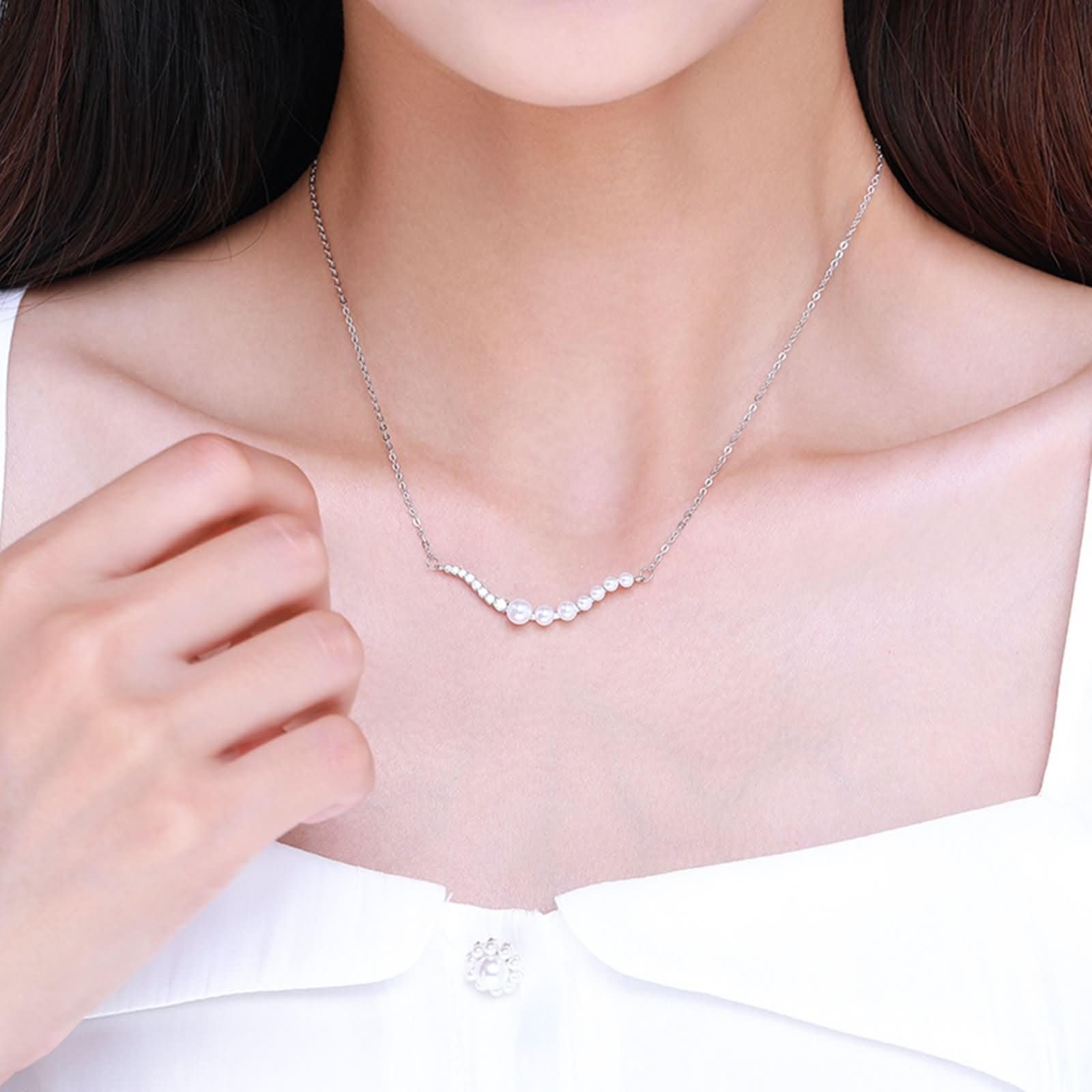 Collar de Oro Blanco 9K / 14K / 18K para Mujer, Líneas Irregulares y Perlas con Moissanita, Collar Colgante Cadena de Plata Mujer