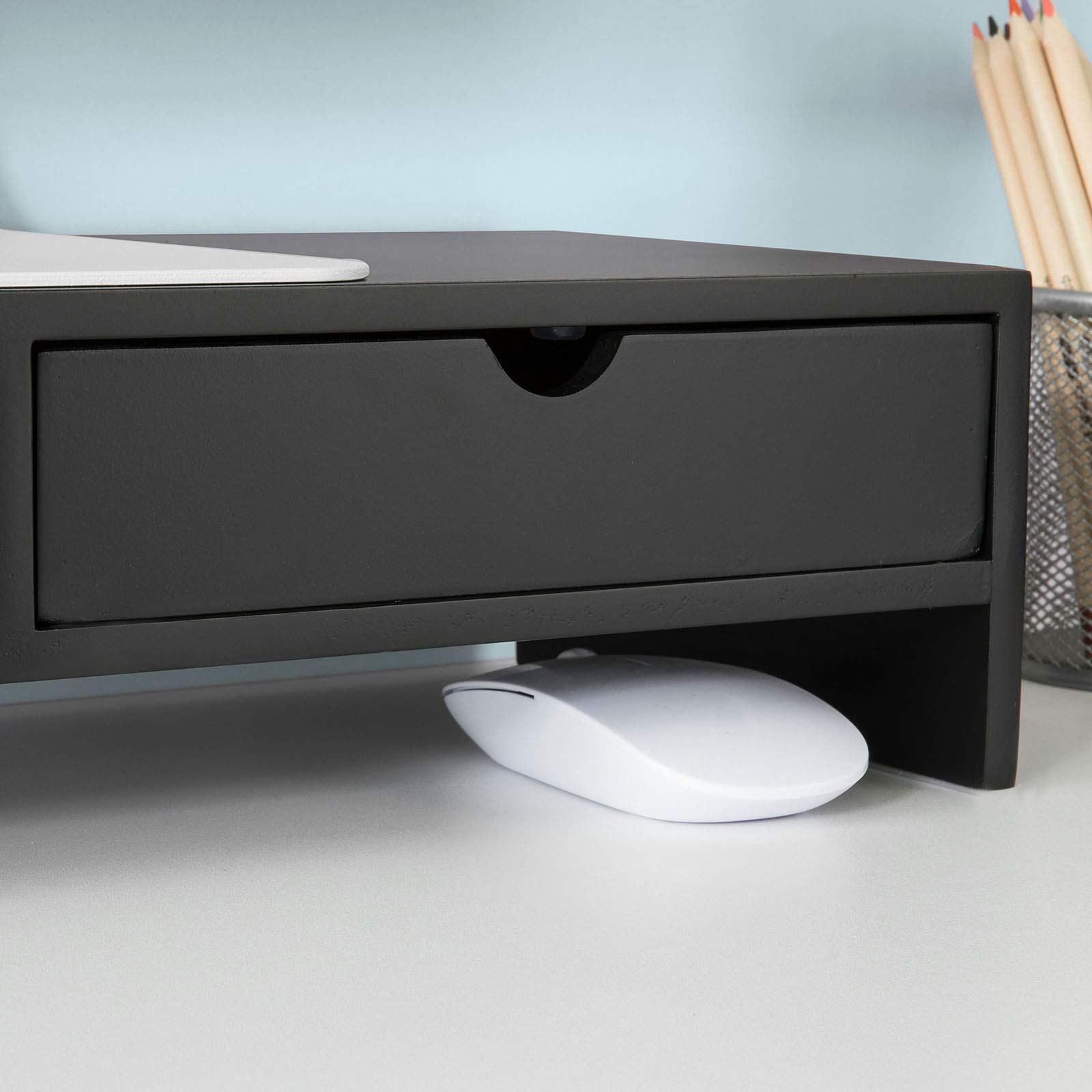 SoBuy Supporto Monitor Scrivania con 2 Cassetti Rialzo Monitor da Scrivania Supporto PC Laptop Stand per Ufficio o Casa Altezza 11cm Nero 47x18x11cm BBF02-SCH