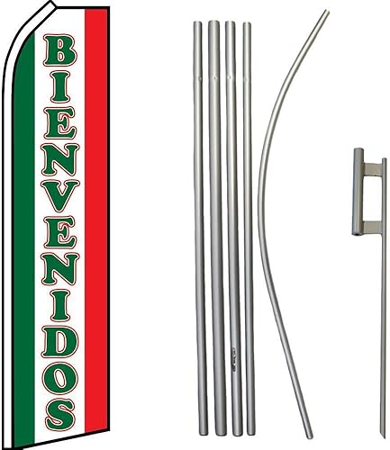 Premium Bienvenidos Red Swooper Flag & 16ft Flagpole KitGround