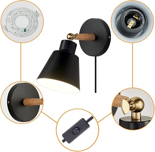 Miniatura 6 de Apliques de pared enchufables, lámpara de pared de cabecera de madera nórdica negra para dormitorio industrial, iluminación de lavabo de baño para
