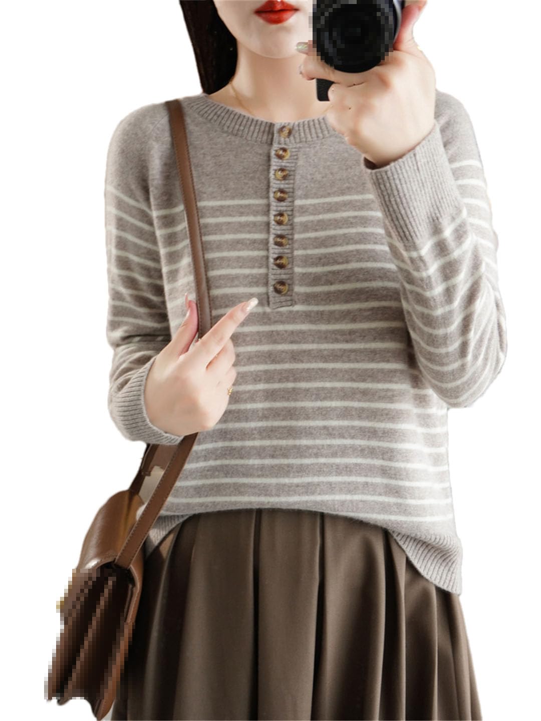 Vogrtcc Maglione da donna a maniche lunghe a righe autunnali e invernali