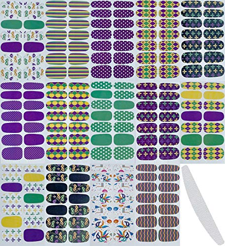 SeBeauty Mardi Gras Nail Art Polish Stickers Strips Carnival Full Nail Wrap Self Adhesive Nail Decals Carnival Nail Supplies with Nail Files for Women Girls Carnival Party Nail Decorations 14 Sheets