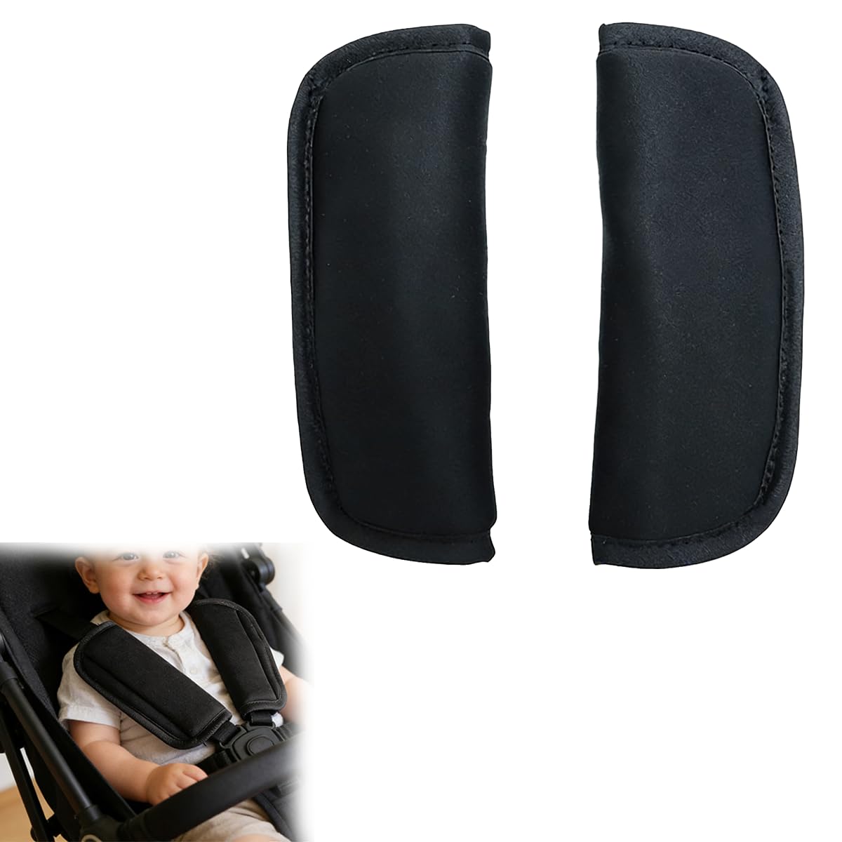 Wcawnlt Baby Sicherheitsgurt Schulterpolster, Weiche Gurtpolster für Kinderwagen und Kindersitz, Atmungsaktives Oxford-Material, Universal Passform, Schwarz, 2er Set für Babys und Kleinkinder