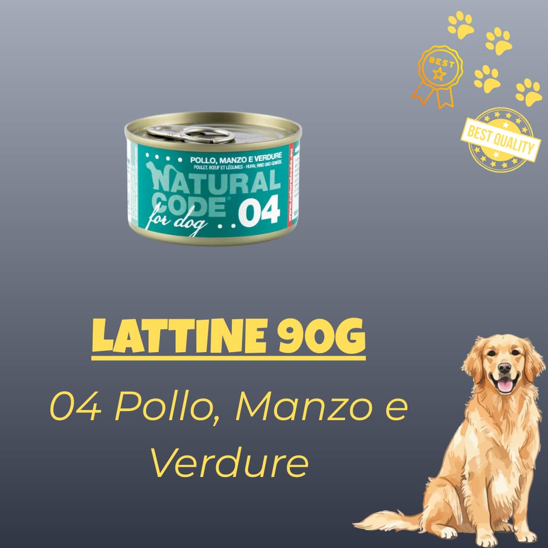 Natural Code - Alimento Húmedo para Perros Adultos de Todas Las Tallas y Razas, Sabor Pollo, Carne de Res y Verduras, 12 Latas de 90 g