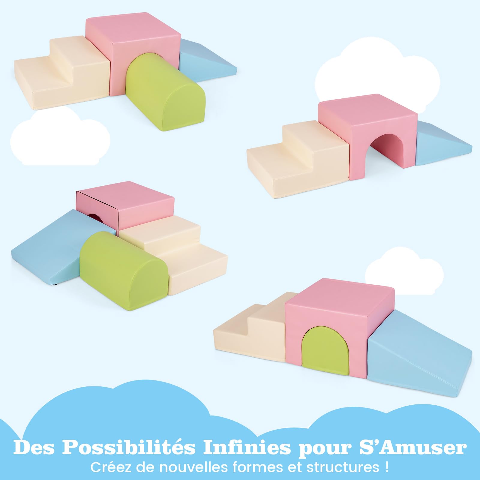 COSTWAY 4 PCS Parcours Motricité Bébé en Mousse avec Housse Amovible en PU, Module Motricité Bébé avec Toboggan & Différentes Formes, Jouets Éducatifs Colorée pour Grimper Ramper (Rose+Beige)