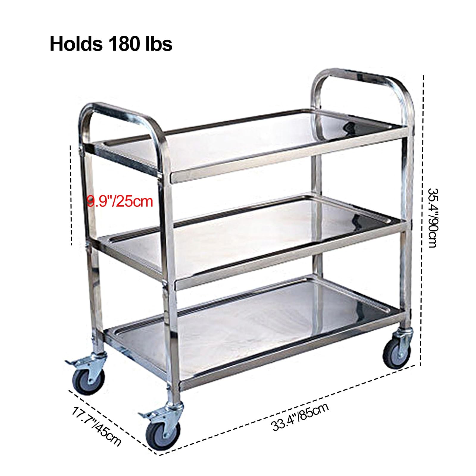 BREZO 3 Shelf Stainless Steel Cart, Stainless Steel Dining Cart, Serving Cart with Wheels, 360°Rotation Storage Shelf with Locking Wheels, 37.4