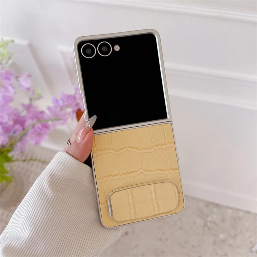Coque Galaxy Z Flip4 jaune en cuir uni avec support intégré - 8