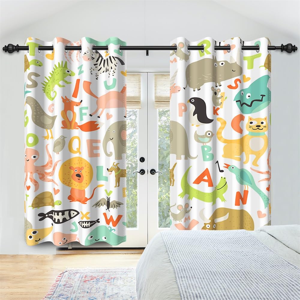 168x229cm Cortinas de Animales de Dibujos Animados Safari Hippo Elephant Cat ABC Alphabet Cortinas zoológico Estampado Cortinas Infantiles Decoradas con Cortinas sombreadas, 2 Piezas