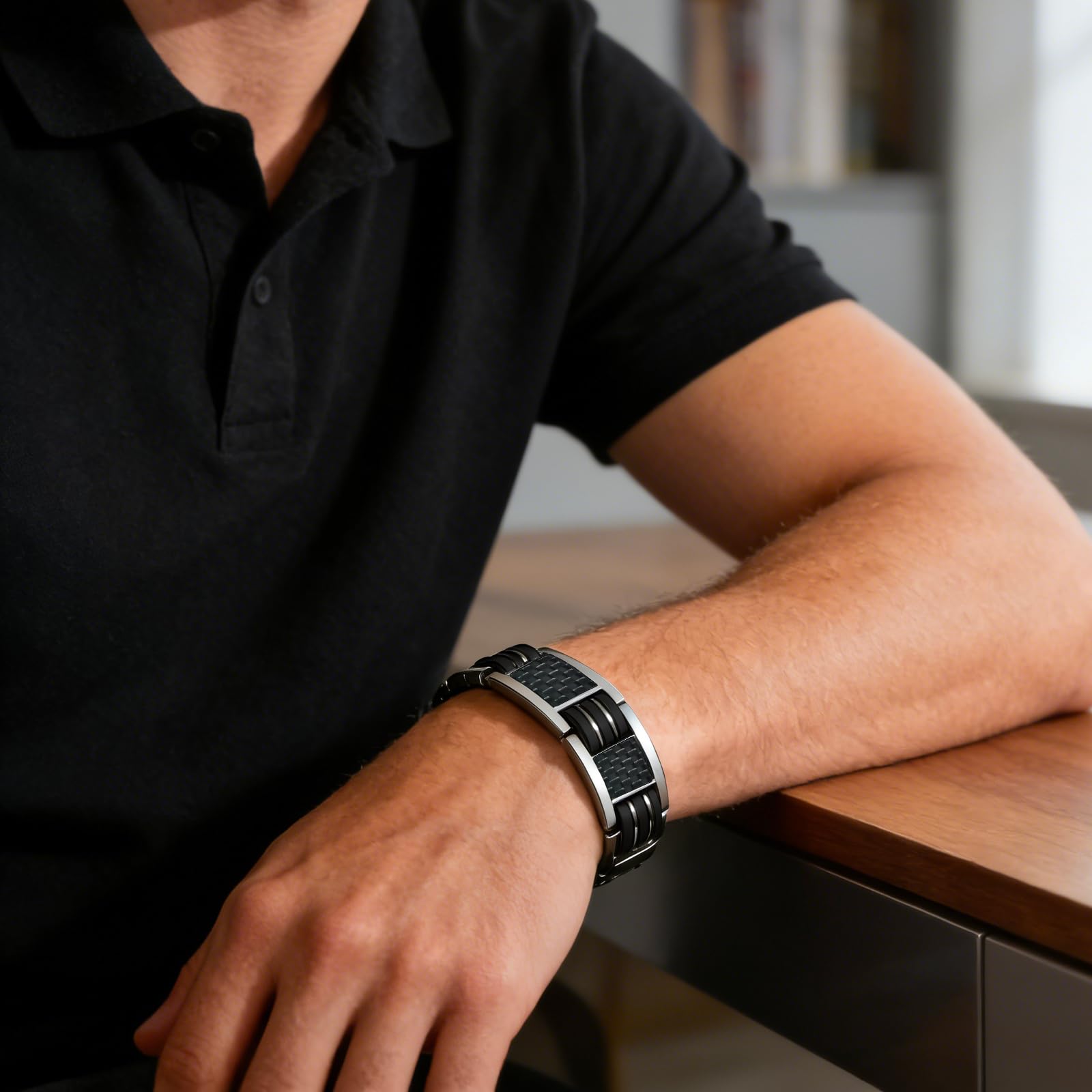 Bracelet magnétique en titane pour homme - Fibre de carbone argentée XL 3500 Gauss - Avec outil de retrait - Étanche
