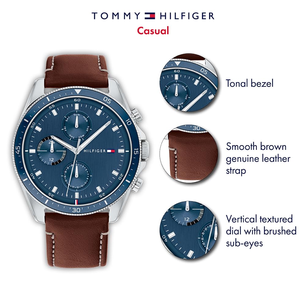 Tommy Hilfiger Analogowy wielofunkcyjny zegarek kwarcowy dla mężczyzn ze srebrną bransoletką ze stali nierdzewnej lub skórzanej, Brązowy, Zegar