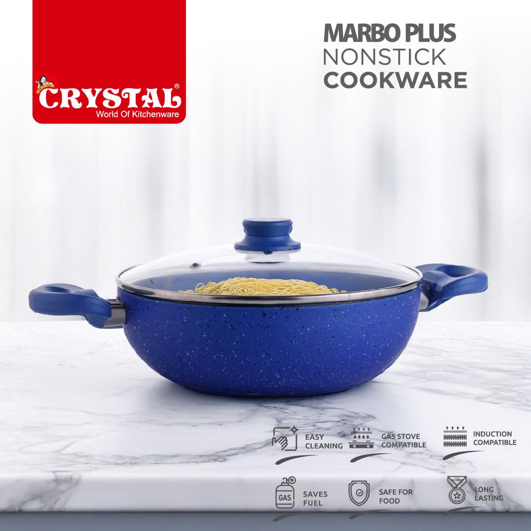 Crystal Marbo Plus Induction Bottom Nonstick kadai | Glass Lid | 225 mm | Thickness: 3mm | 5 Layer Coating | Metal Spoon Friendly | Blue - Image 2 thumbnail