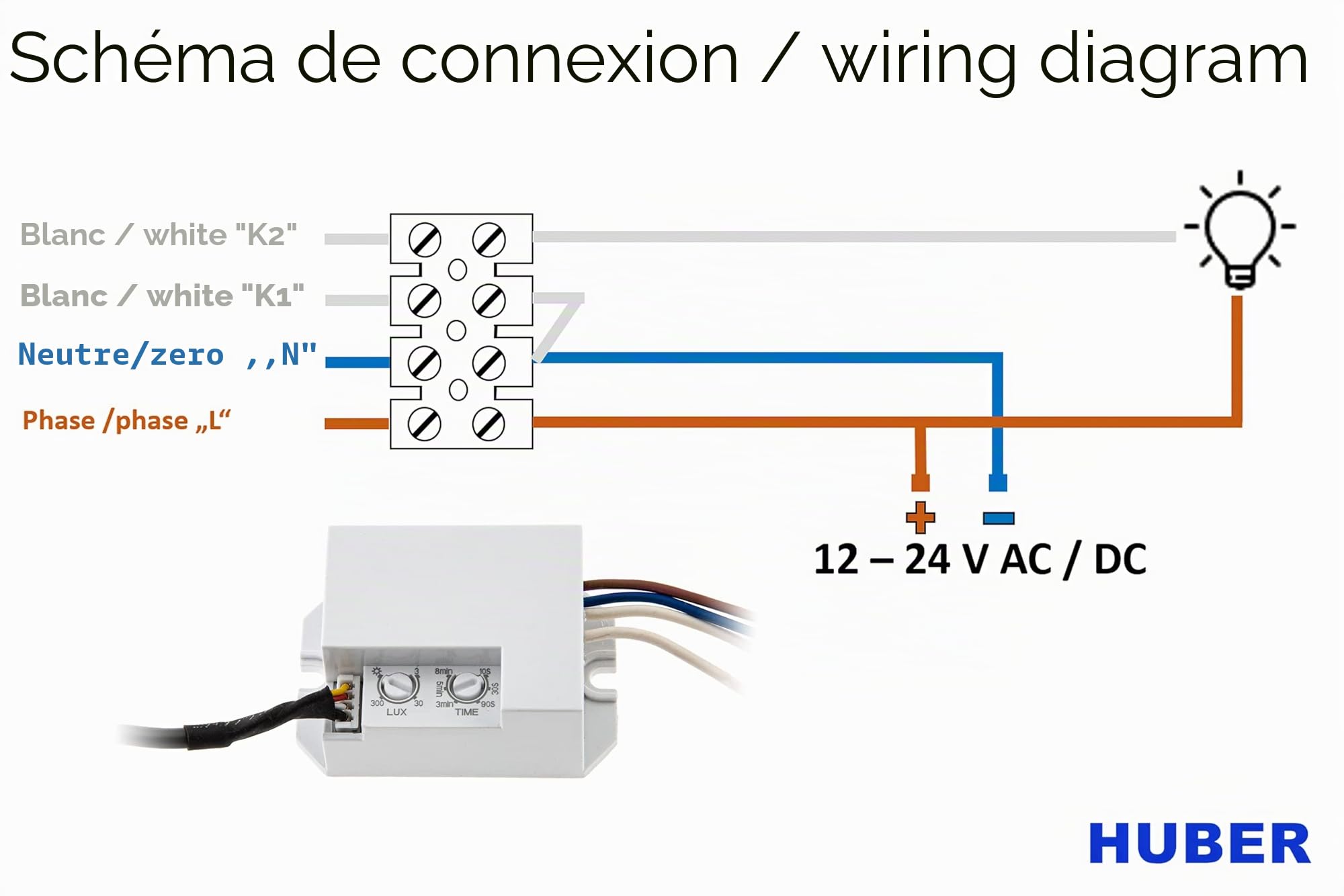 HUBER Motion 19LV Mini détecteur de mouvement PIR 120°/360° pour montage intérieur/extérieur I Sensor IP65 I 12-24 V Détecteur de mouvement intégré Petit avec potentiomètre