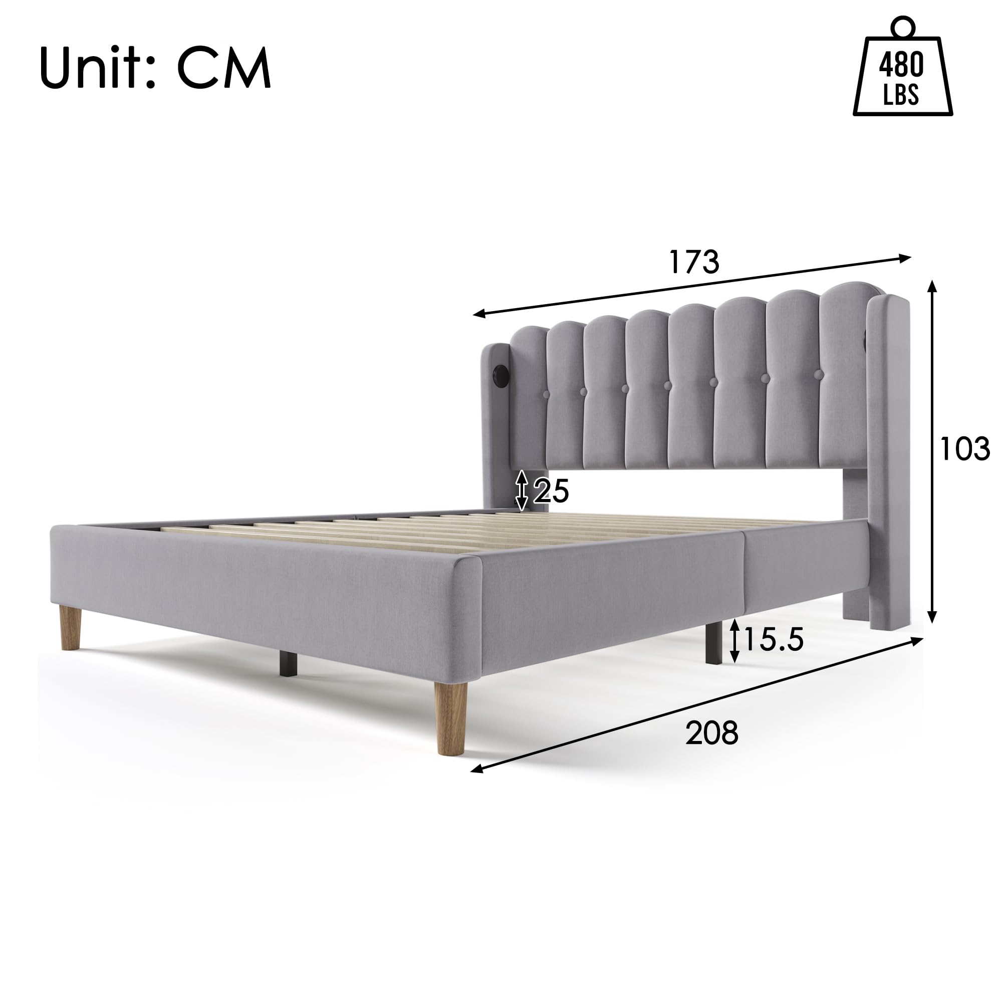 Łóżko pojedyncze z miękkim tapicerowanym zagłówkiem 160 x 200 cm w zestawie ze stelażem (bez materaca) | szare łóżko lniane z USB-C | Łóżko młodzieżowe do pokoju nastolatków i gości