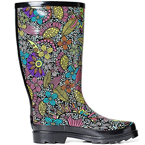 SheSole Waterproof Garden Shoes Rubber Rain Boots for Women Mid Calf Tall Galoshes Wellies Floral Printed Black US Size 7 - Thumbnail 7