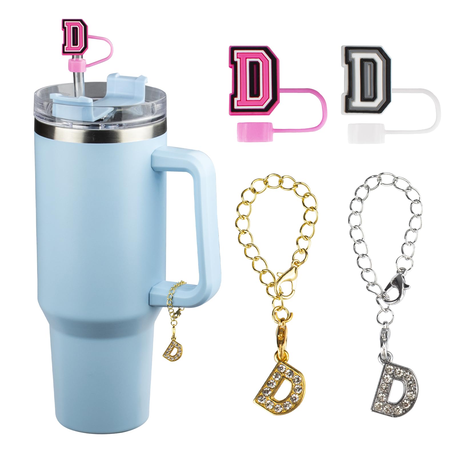 (2+2)2PCS Stanley Cup Accessories Initial Diamond nameplate Personal ID and 10mm Silicone letterstanley Straw Cover for 30&40oz Personalized Charm Stanley Handle Cup (D)