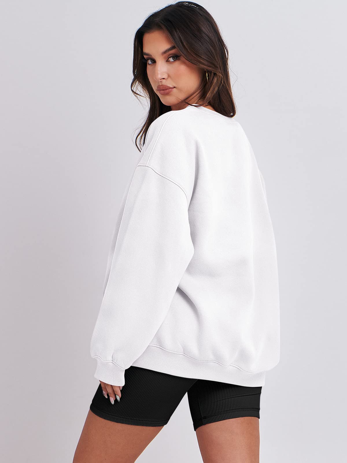Damskie bluzy oversize bluzy z kapturem polar okrągły dekolt sweter top codzienne jesienne stroje preppy ubrania nastolatki 2024 A1019 światło, Jeden kolor, White_L