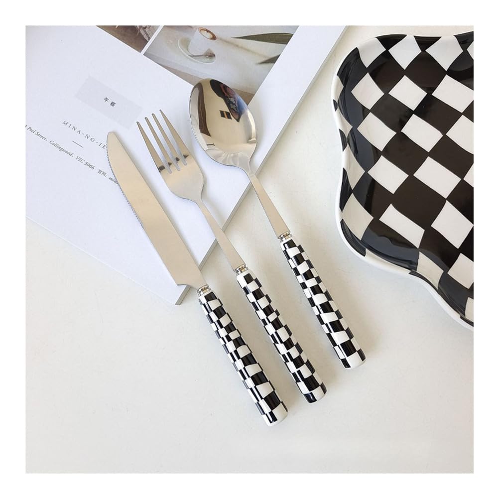 12 Stück) Schachbrett Keramik Griff Küche Edelstahl Besteck Geschirr Besteck Set Steak Messer Gabel Löffel Teelöffel (Schwarz) Küche, Haushalt & Wohnen