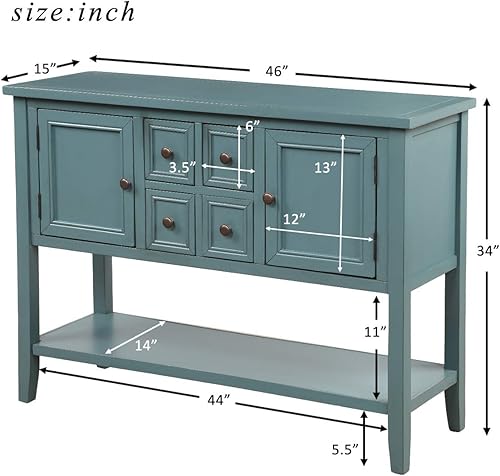 Miniatura 47 de Mesa consola con 2 armarios y 4 cajones, aparador de buffet de 46 pulgadas con estante inferior, mesa consola retro para cocina, pasillos, sala de