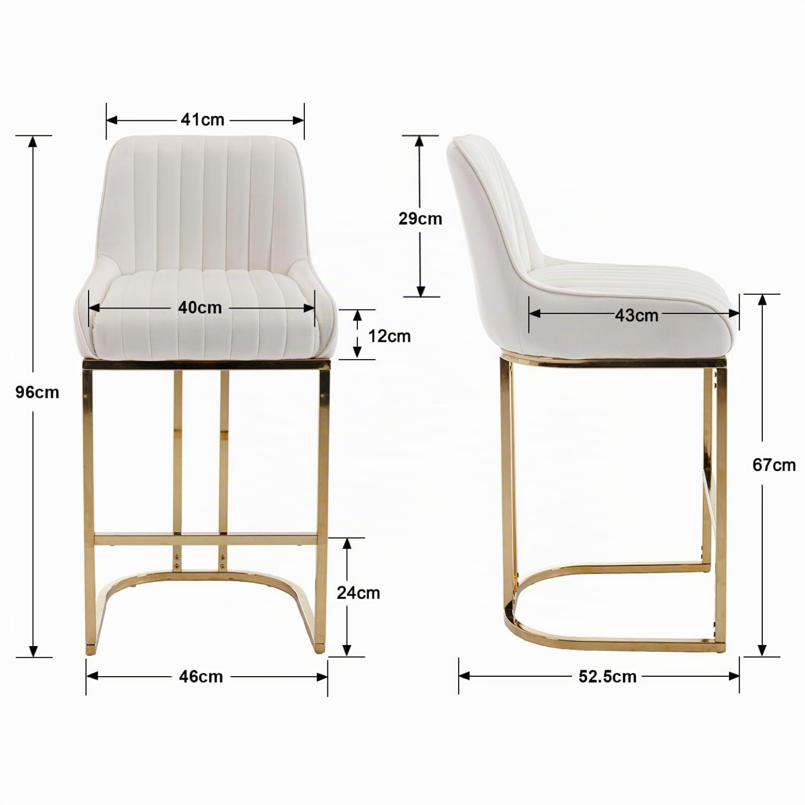Ya-Home Juego de 2 Taburetes Altos de Cocina de Terciopelo Sillas Altas de Cocina sin Reposabrazos,Taburetes de Bar Modernos con Patas de Metal Doradas para Isla de Cocina/Resturante,Blanco