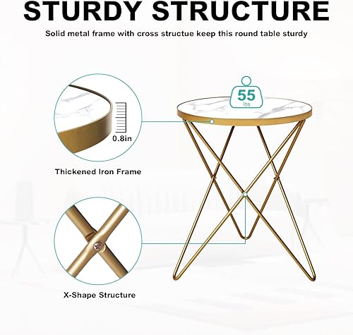 Miniatura 5 de HLR Modern Round Side Table, End Table with Marble Effect Top and Gold Metal Frame, Small Side Table for Living Room, Bedroom, Sofa and Couch, Gold