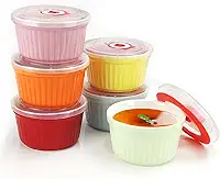 Ramequins com tampas de 227 g – Conjunto de 6, ramequins de creme de suflê de cerâmica com tampas, copos de creme coloridos para assar, seguro para forno de ramequins e lavável na lava-louças