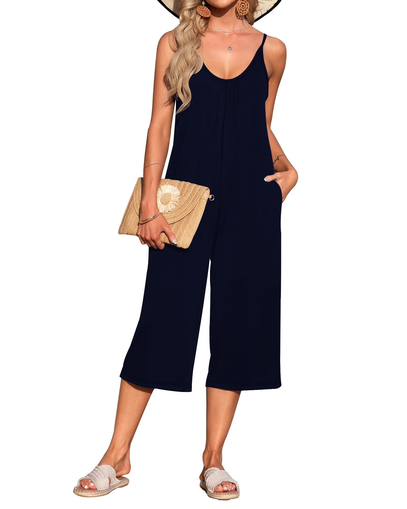 AUSELILY Womens Summer Jumpsuit 2026 Casaul Sleeveless Adjustable Spaghetti Straps Wide Leg Rompers with Pockets