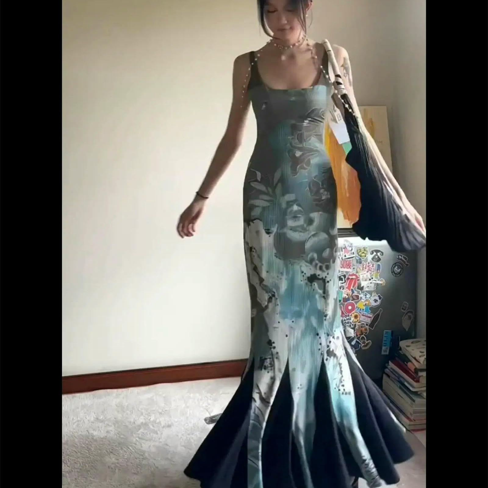 Vestito Donna Elegante Abito Tromba da Cinghie Abiti Senza Maniche Sexy Temperamento Estate Gonna lungo-grigio-4xl